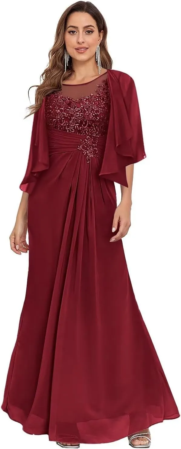 2 Pieces Mermaid Mother of The Bride Dresses with Jacket for Women Chiffon Lace Applique Formal Evening Dress