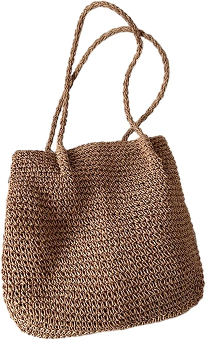 2023 New Bucket Bags Straw Woven Fashion Bag Casual Travel Vacation Bag Rattan Summer-Beach Shoulder Bag for Women Girl Coffee