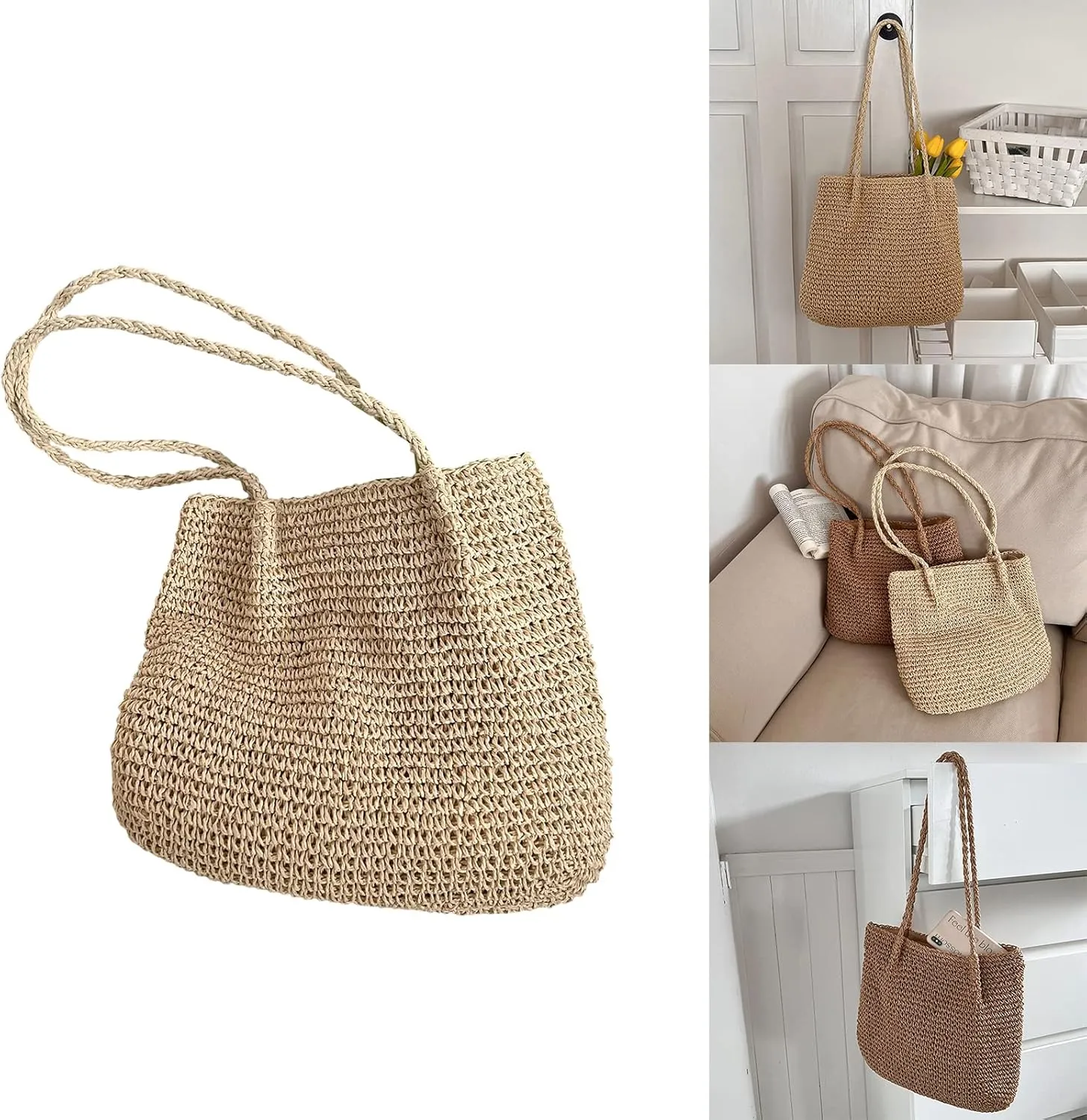 2023 New Bucket Bags Straw Woven Fashion Bag Casual Travel Vacation Bag Rattan Summer-Beach Shoulder Bag for Women Girl Coffee