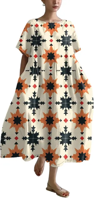 2025 Summer Maxi Dress for Women Short Sleeve Boho Floral Dresses Flowy Cotton Dress Baggy Beach Sundresses