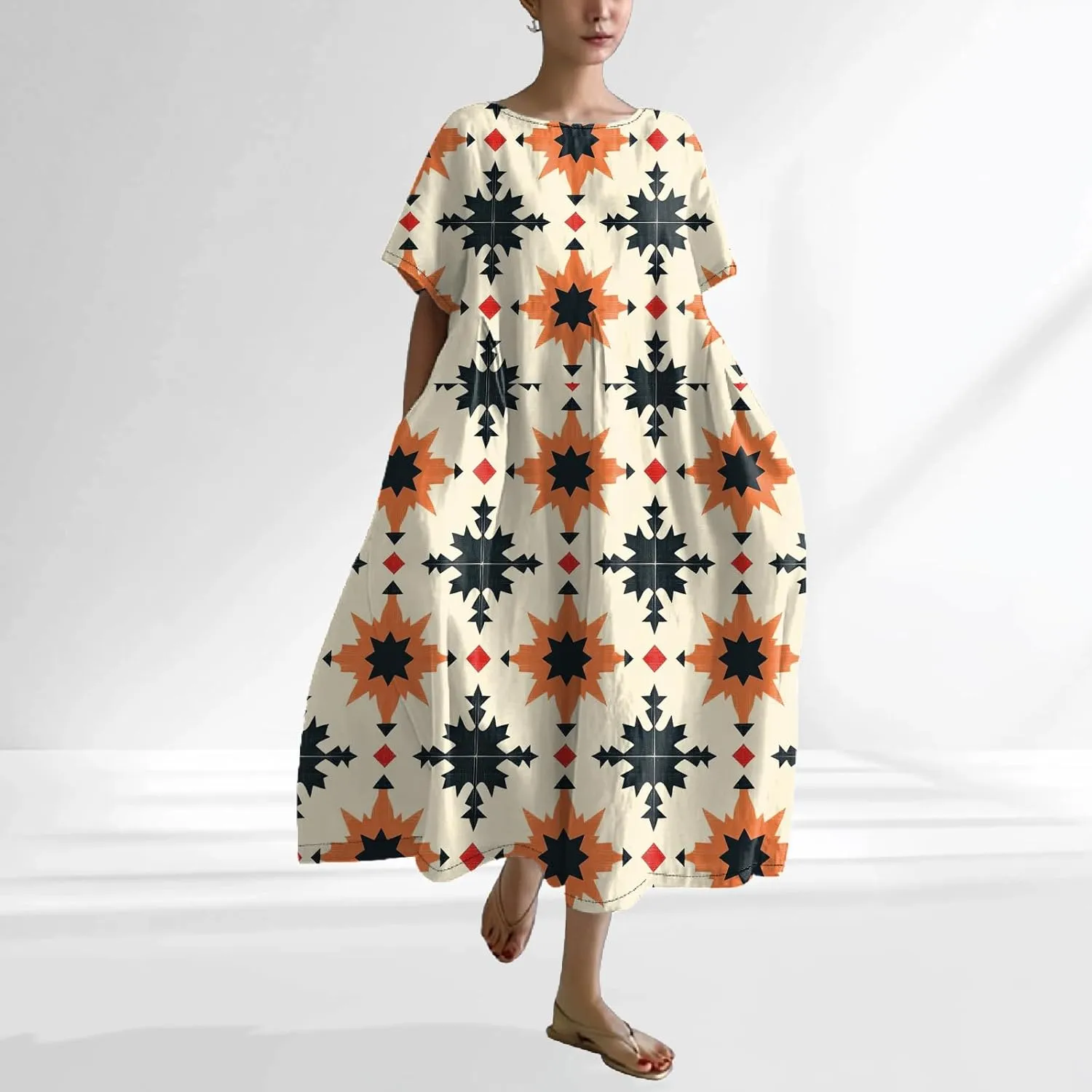 2025 Summer Maxi Dress for Women Short Sleeve Boho Floral Dresses Flowy Cotton Dress Baggy Beach Sundresses