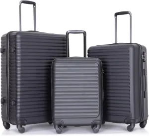 3 Piece Lightweight ABS Luggage Set with Spinner Wheels and Hooks, Black, (20/24/28)