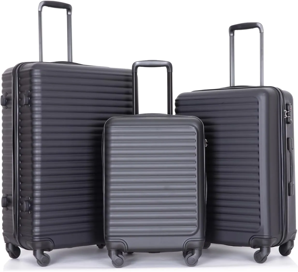 3 Piece Lightweight ABS Luggage Set with Spinner Wheels and Hooks, Black, (20/24/28)