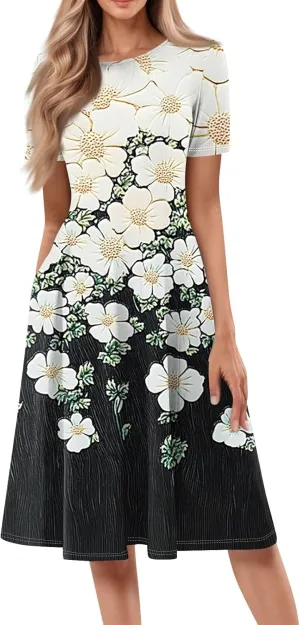 4th of July Dresses for Women midi red White and Blue Summer Dress Short Sleeve a line Round Neck Formal Dress Elegant