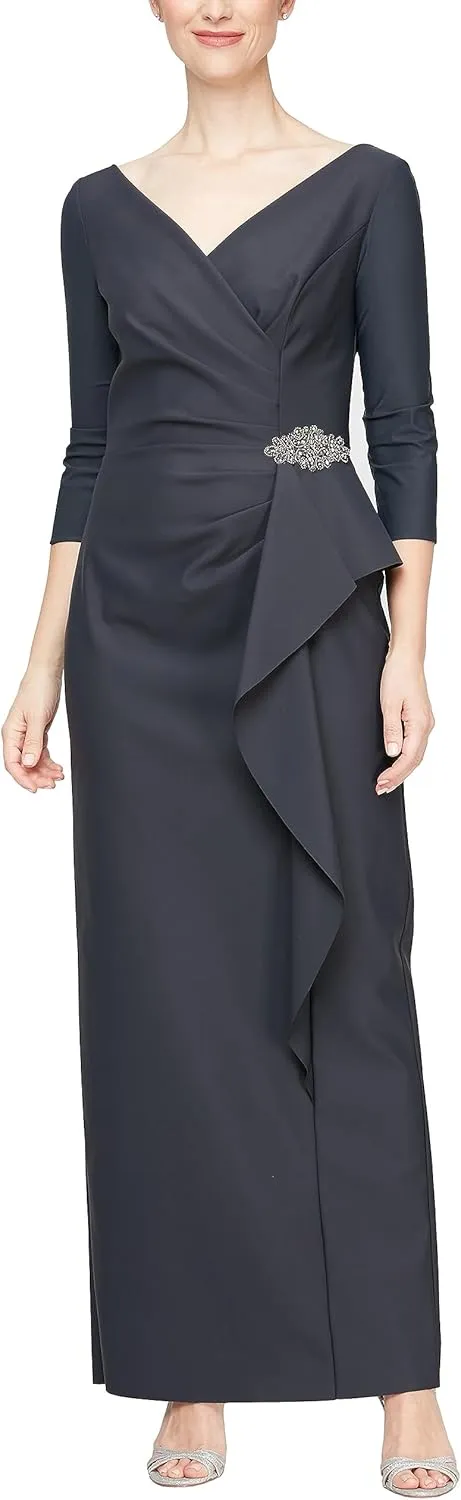 Alex Evenings Women's Slimming Long Length  Sleeve Mother of The Bride Dress with Cascade Ruffle Skirt and Side Ruching