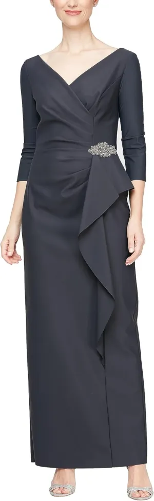 Alex Evenings Women's Slimming Long Length  Sleeve Mother of The Bride Dress with Cascade Ruffle Skirt and Side Ruching