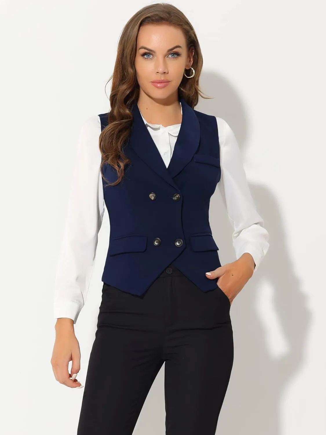 Allegra K Women's Suit Vest Double Breasted Business Lapel Dressy Waistcoat Vest