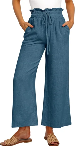 ANRABESS Women Linen Pants Casual Loose High Waist Boho Wide Leg Cropped Palazzo Beach Pants Summer Outfits 2025 Trendy