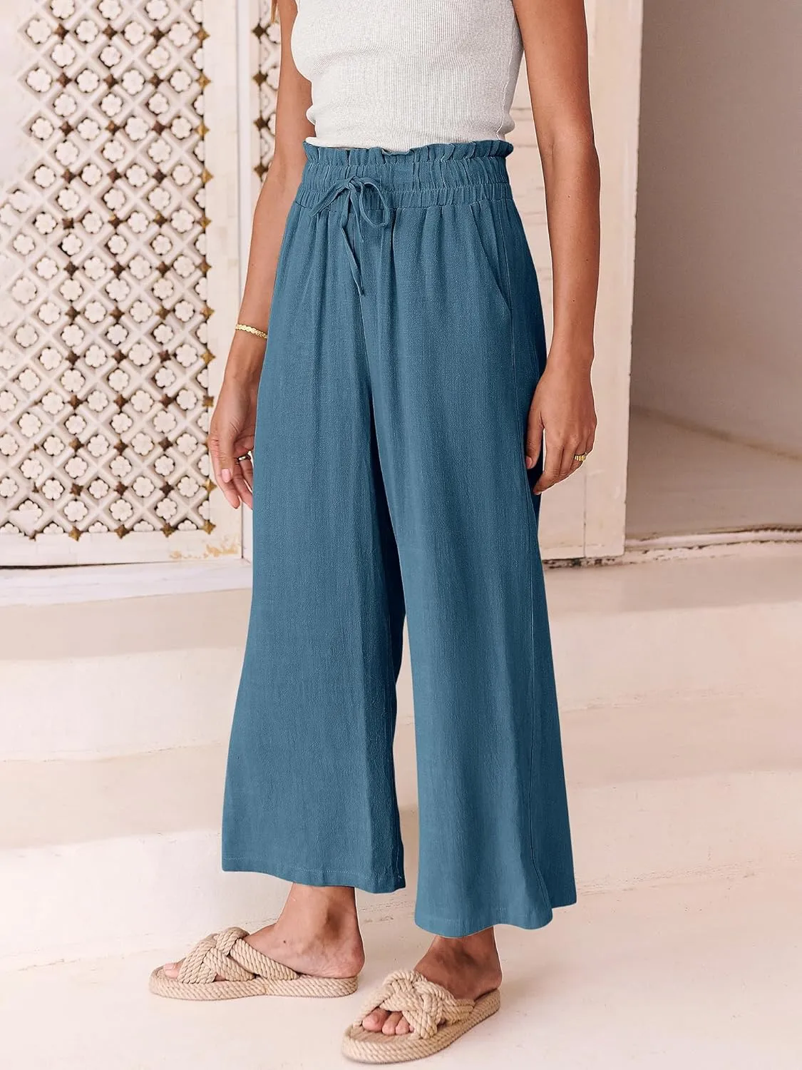 ANRABESS Women Linen Pants Casual Loose High Waist Boho Wide Leg Cropped Palazzo Beach Pants Summer Outfits 2025 Trendy