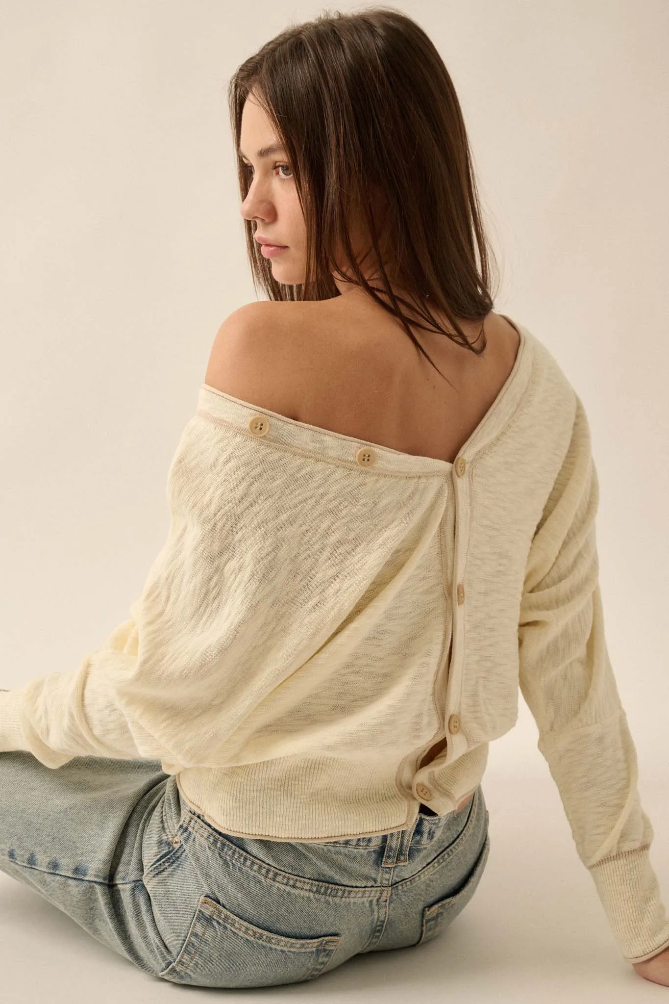 Back to the Start Button-Back Slub-Knit Sweater