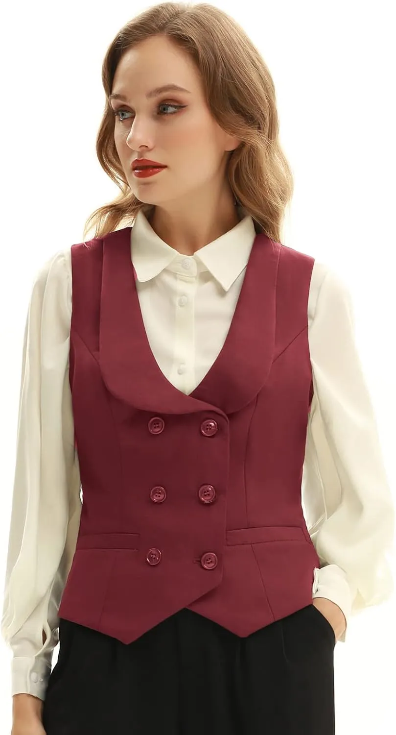 Belle Poque Women Double Breasted Waistcoat Vintage Lapel Collar Vest Coat with 2 Pockets