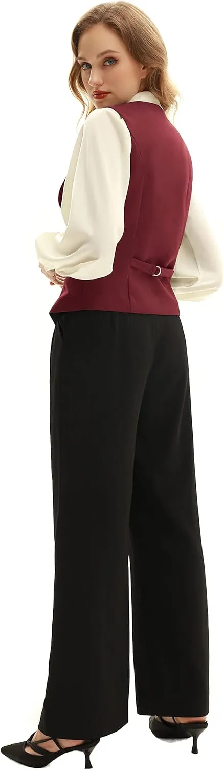 Belle Poque Women Double Breasted Waistcoat Vintage Lapel Collar Vest Coat with 2 Pockets