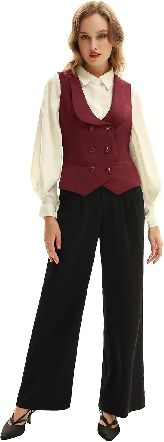 Belle Poque Women Double Breasted Waistcoat Vintage Lapel Collar Vest Coat with 2 Pockets