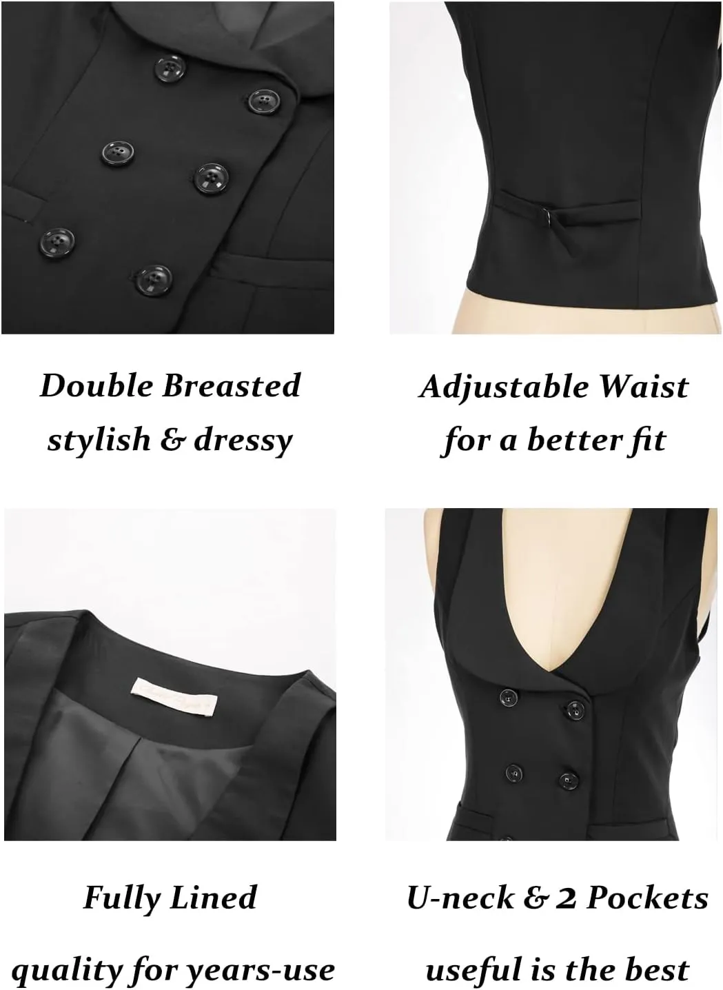 Belle Poque Women Double Breasted Waistcoat Vintage Lapel Collar Vest Coat with 2 Pockets