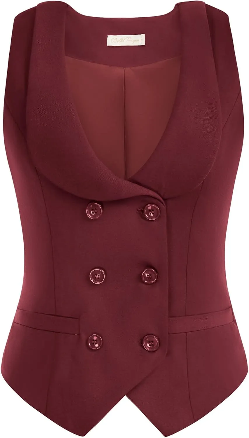 Belle Poque Women Double Breasted Waistcoat Vintage Lapel Collar Vest Coat with 2 Pockets