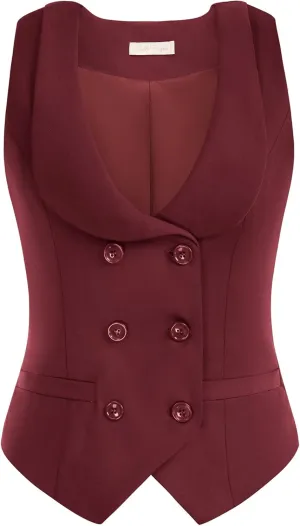 Belle Poque Women Double Breasted Waistcoat Vintage Lapel Collar Vest Coat with 2 Pockets