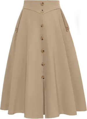 Belle Poque Womens A Line Midi Skirt Vintage Button Down Swing Skirt High Waisted Slit Pleated Skirt with Pockets