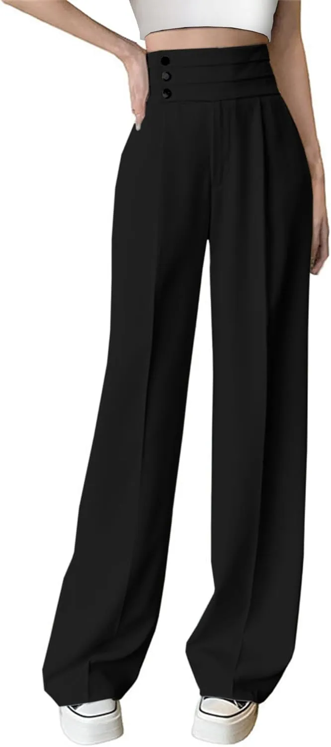 Betusline Women's High Waist Dress Pants Business Side Button Work Wide Leg Pants Straight Leg Trousers, Black, X-Small