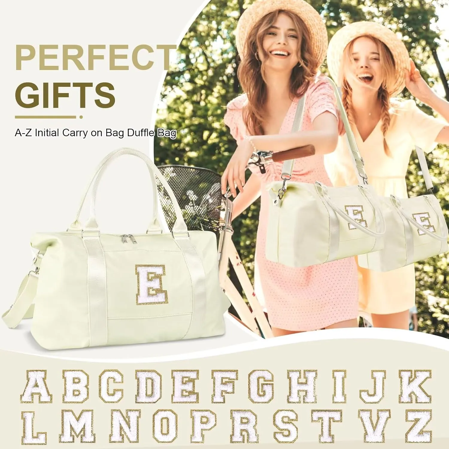Birthday Gifts for Daughter,Initial Travel Duffel Bag for Teen Girls,Personalized Weekender Bag Cute Overnight Carry on Duffle Bags for Girl Women Gifts with Adjustable Strap(beige-E)