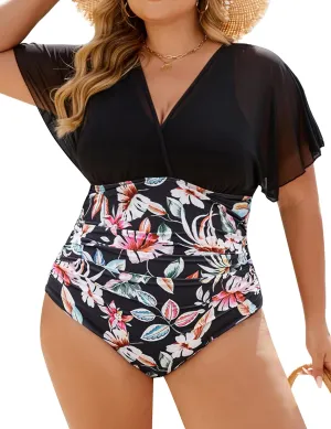 Blooming Jelly Women's Plus Size Swimsuit One Piece Bathing Suit Tummy Control Mesh V Neck Maternity Swimwear