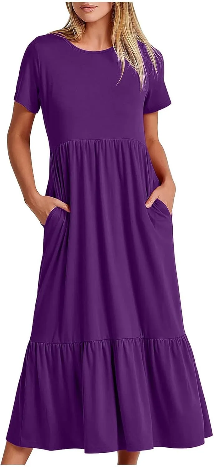 Boho Dresses Women 2024 Summer Casual Short Sleeve A-Line Boho Flowy Beach Dress Vacation Daily Loose Sundress with Pockets