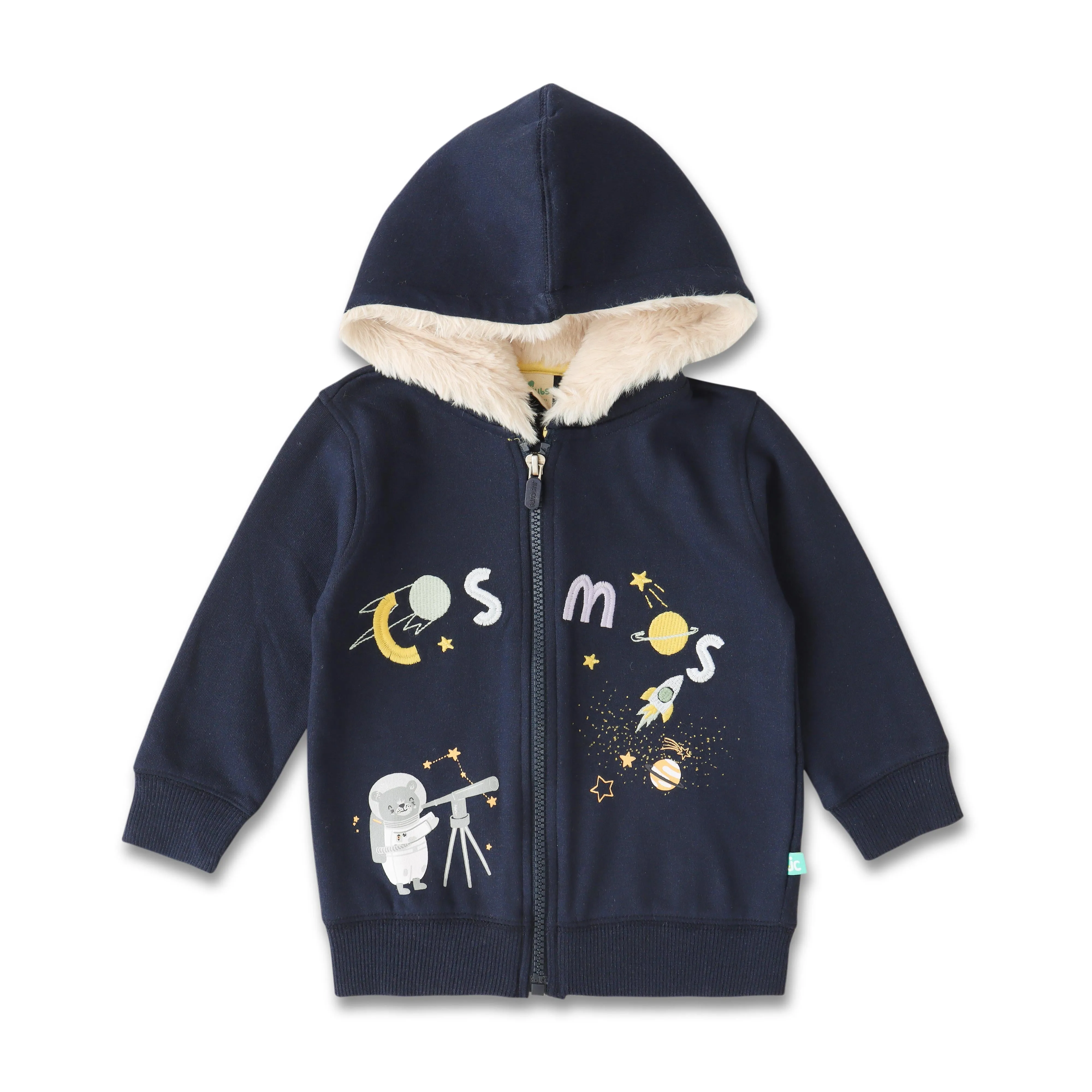 Boys' Fleece-Lined Space-Themed Hoodie  Cozy Zip-Up Jacket with Astronaut & Planet Design - Navy