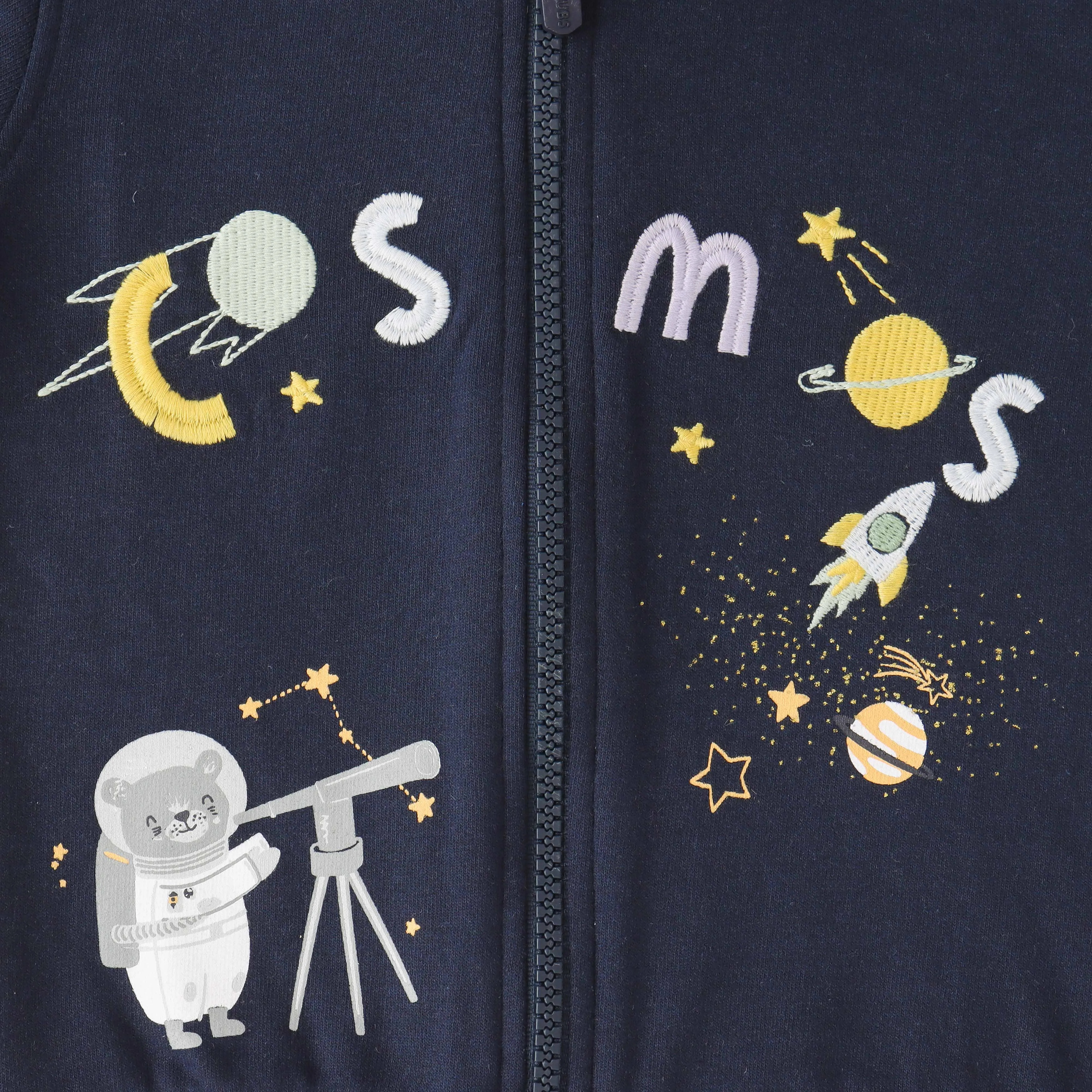 Boys' Fleece-Lined Space-Themed Hoodie  Cozy Zip-Up Jacket with Astronaut & Planet Design - Navy