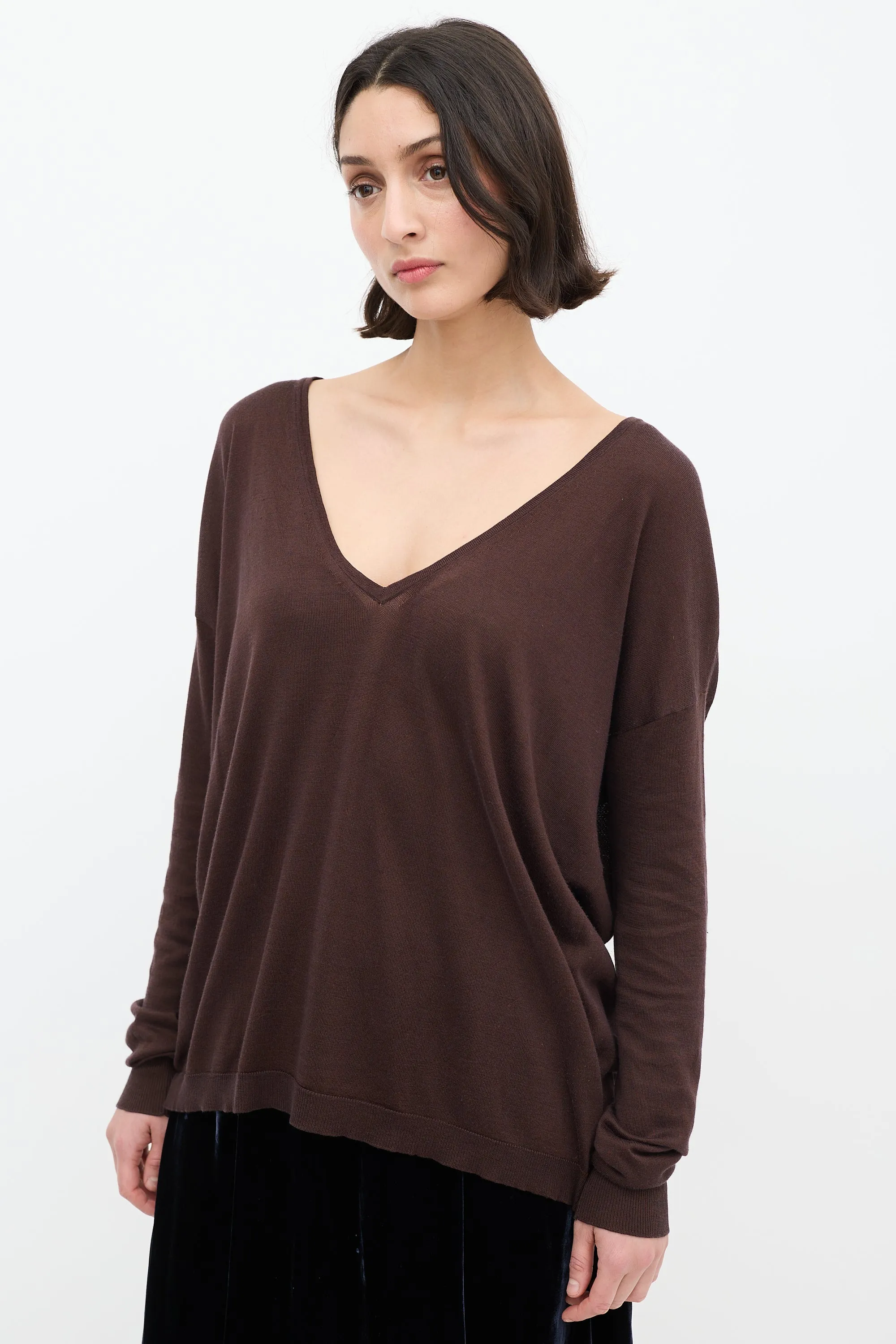 Brown Silk & Cotton V-Neck Sweater