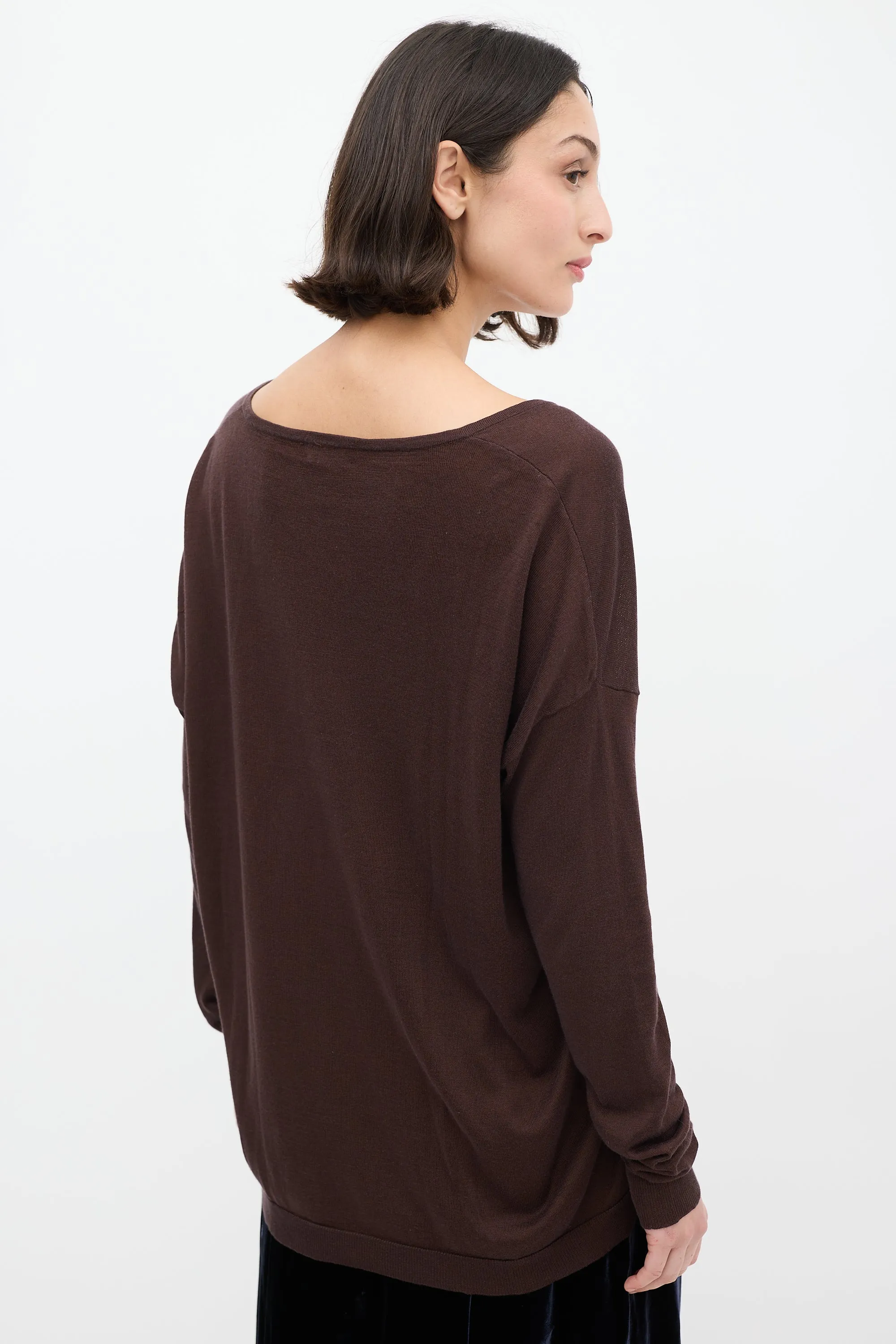Brown Silk & Cotton V-Neck Sweater