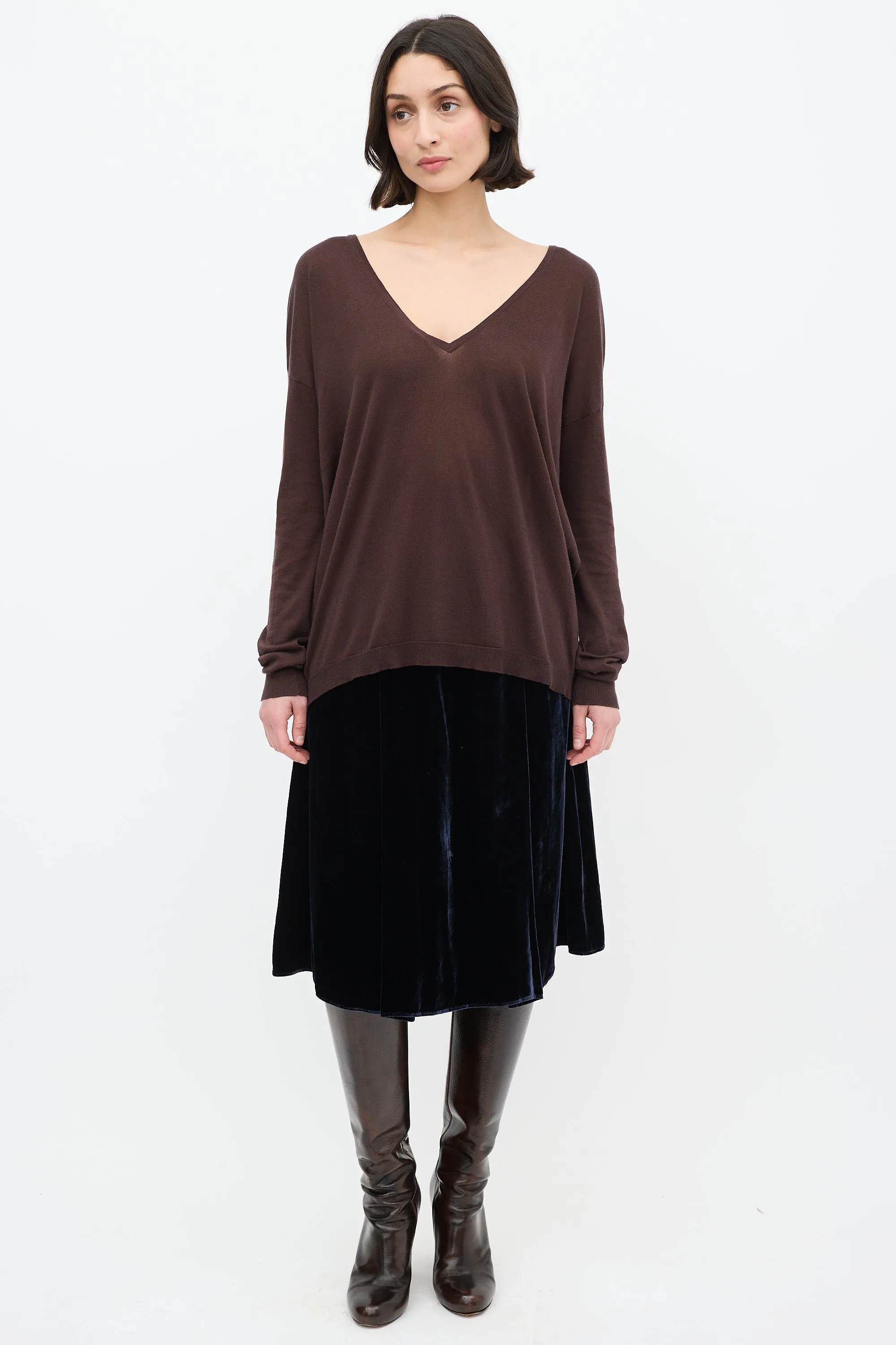 Brown Silk & Cotton V-Neck Sweater