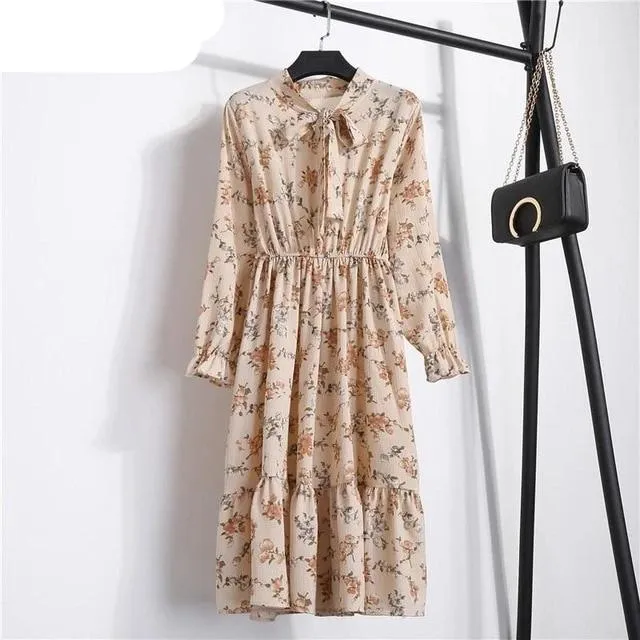 Casual Ruffle Long Sleeve Floral High Waist Bow A-Line Boho Autumn Dress