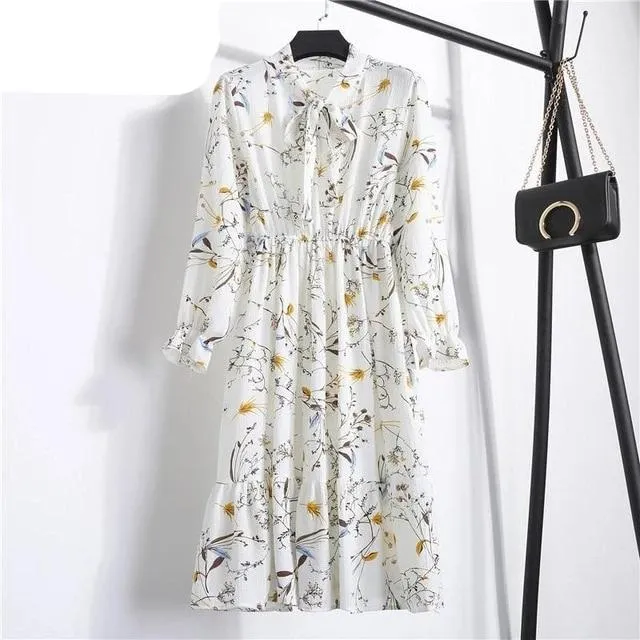 Casual Ruffle Long Sleeve Floral High Waist Bow A-Line Boho Autumn Dress