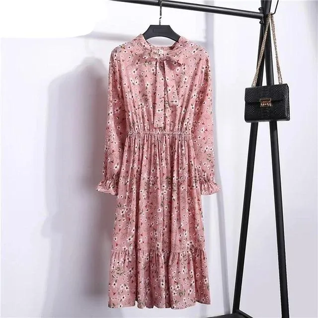 Casual Ruffle Long Sleeve Floral High Waist Bow A-Line Boho Autumn Dress