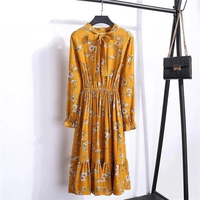 Casual Ruffle Long Sleeve Floral High Waist Bow A-Line Boho Autumn Dress