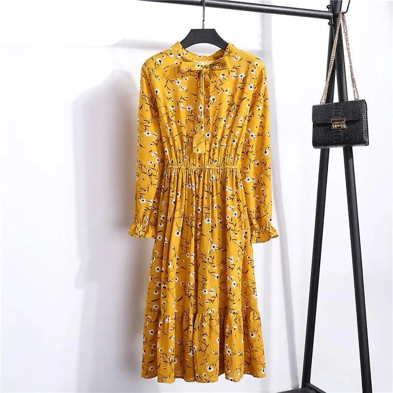 Casual Ruffle Long Sleeve Floral High Waist Bow A-Line Boho Autumn Dress