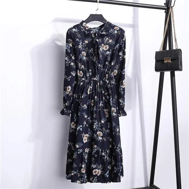Casual Ruffle Long Sleeve Floral High Waist Bow A-Line Boho Autumn Dress