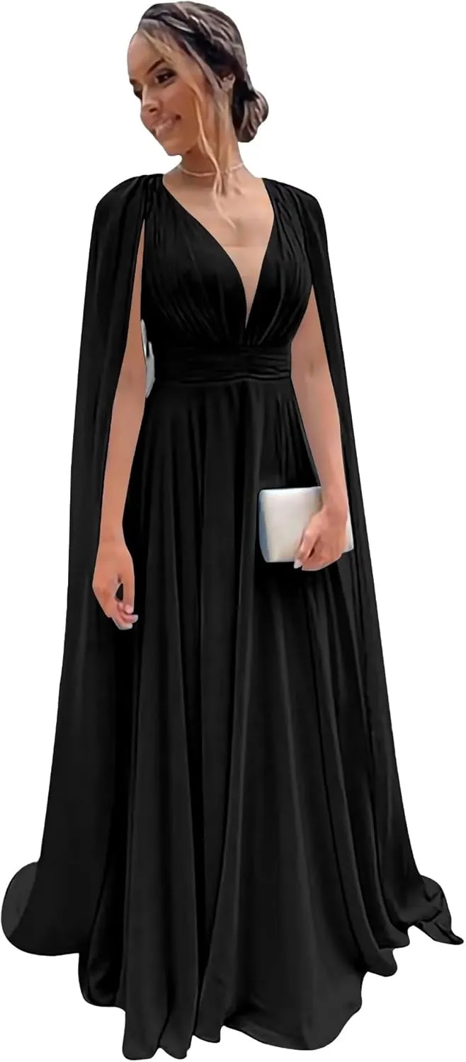 Chiffon Cape Sleeve Bridesmaid Dresses Pleated V Neck Formal Evening Dresses A-Line Ball Gowns for Women