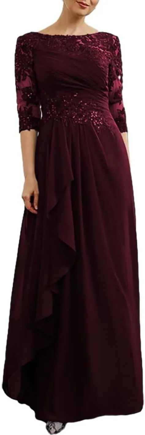 Chiffon Mother of The Bride Dresses with Sleeves Lace Long Evening Gowns Formal Dress for Wedding