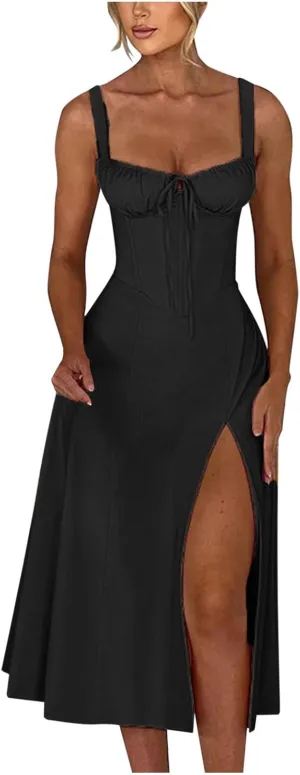 Corset Dress for Women 2024 Trendy Floral Printed Maix Dress Ruched Bust Cami Dress Side Split Flowy Long Sundress