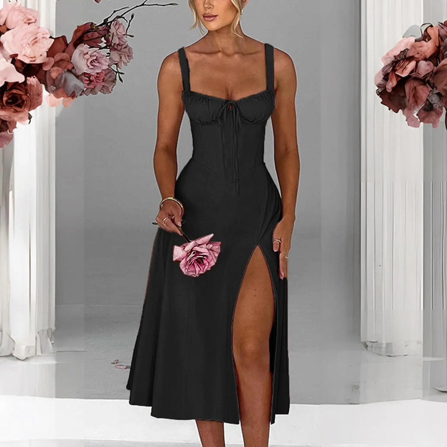 Corset Dress for Women 2024 Trendy Floral Printed Maix Dress Ruched Bust Cami Dress Side Split Flowy Long Sundress