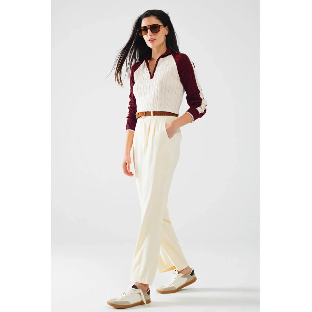 Cropped Cable Knit V-Neck Sweater