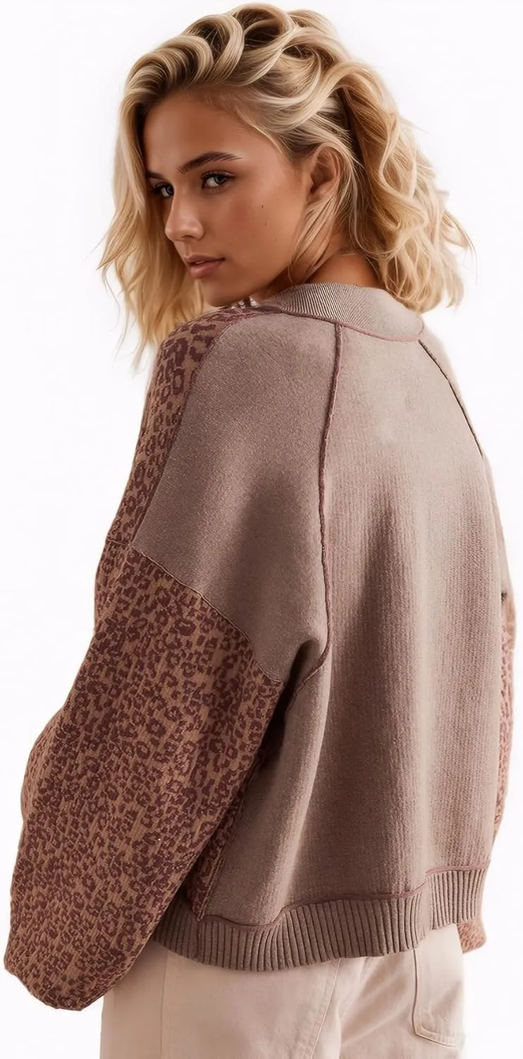 D-Sun Women Casual Leopard Printed Cardigan Button Down Long Sleeves Crewneck Sweater Open Front Cheetah Printed Cardigan