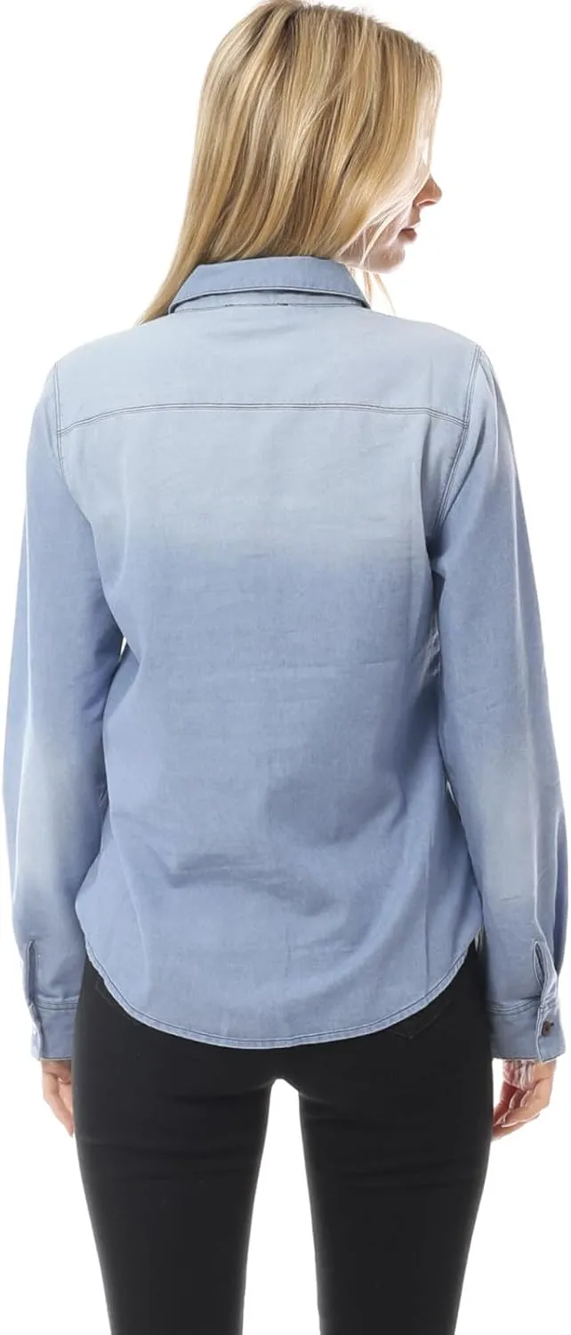 Design by Olivia Women's Roll up Sleeve Button Down Chambray Denim Shirt