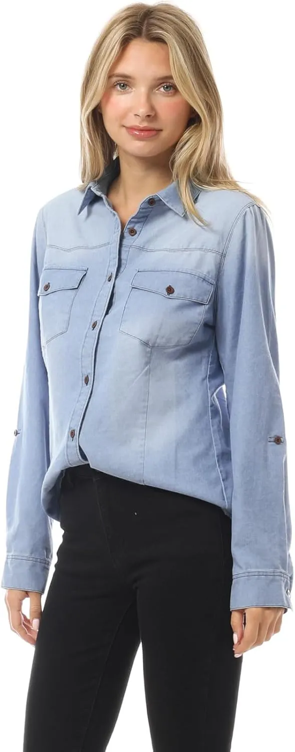 Design by Olivia Women's Roll up Sleeve Button Down Chambray Denim Shirt