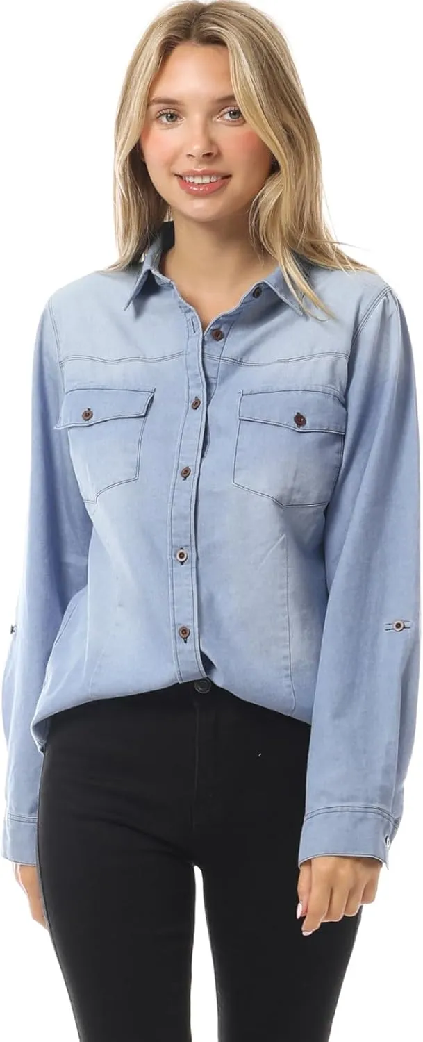 Design by Olivia Women's Roll up Sleeve Button Down Chambray Denim Shirt