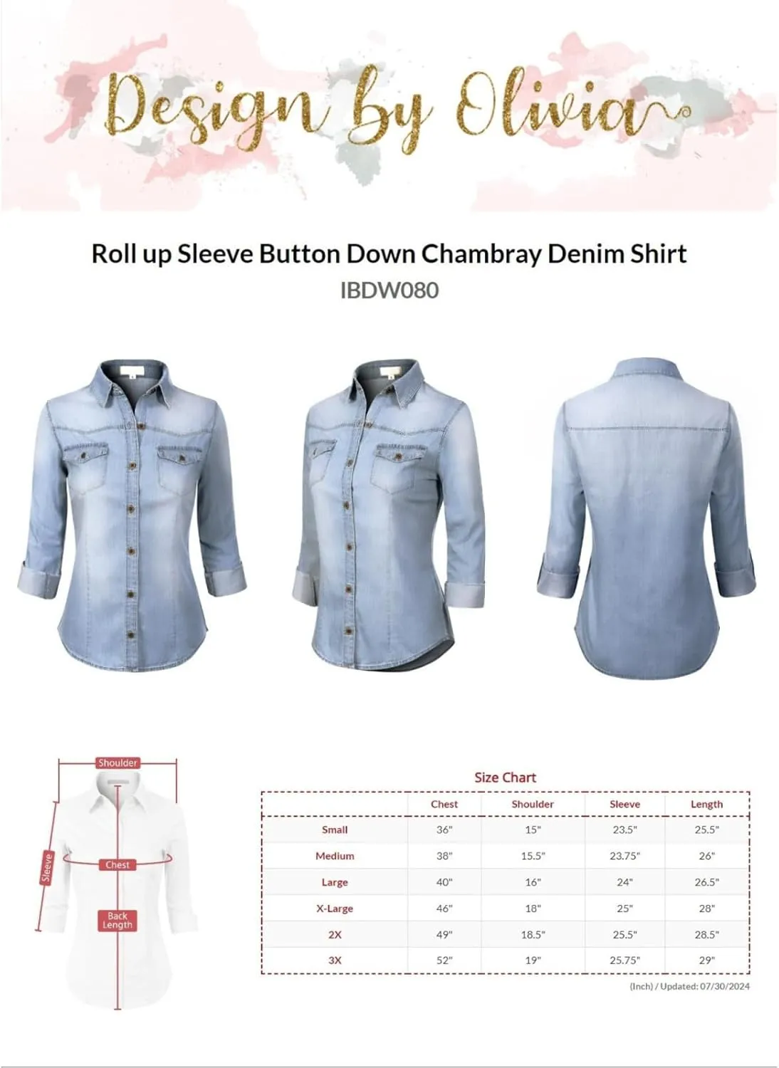 Design by Olivia Women's Roll up Sleeve Button Down Chambray Denim Shirt