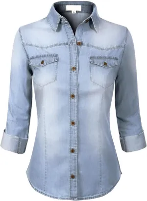 Design by Olivia Women's Roll up Sleeve Button Down Chambray Denim Shirt