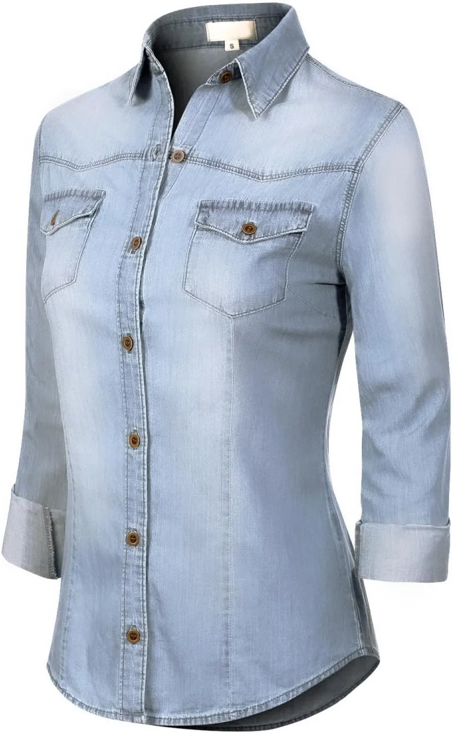 Design by Olivia Women's Roll up Sleeve Button Down Chambray Denim Shirt