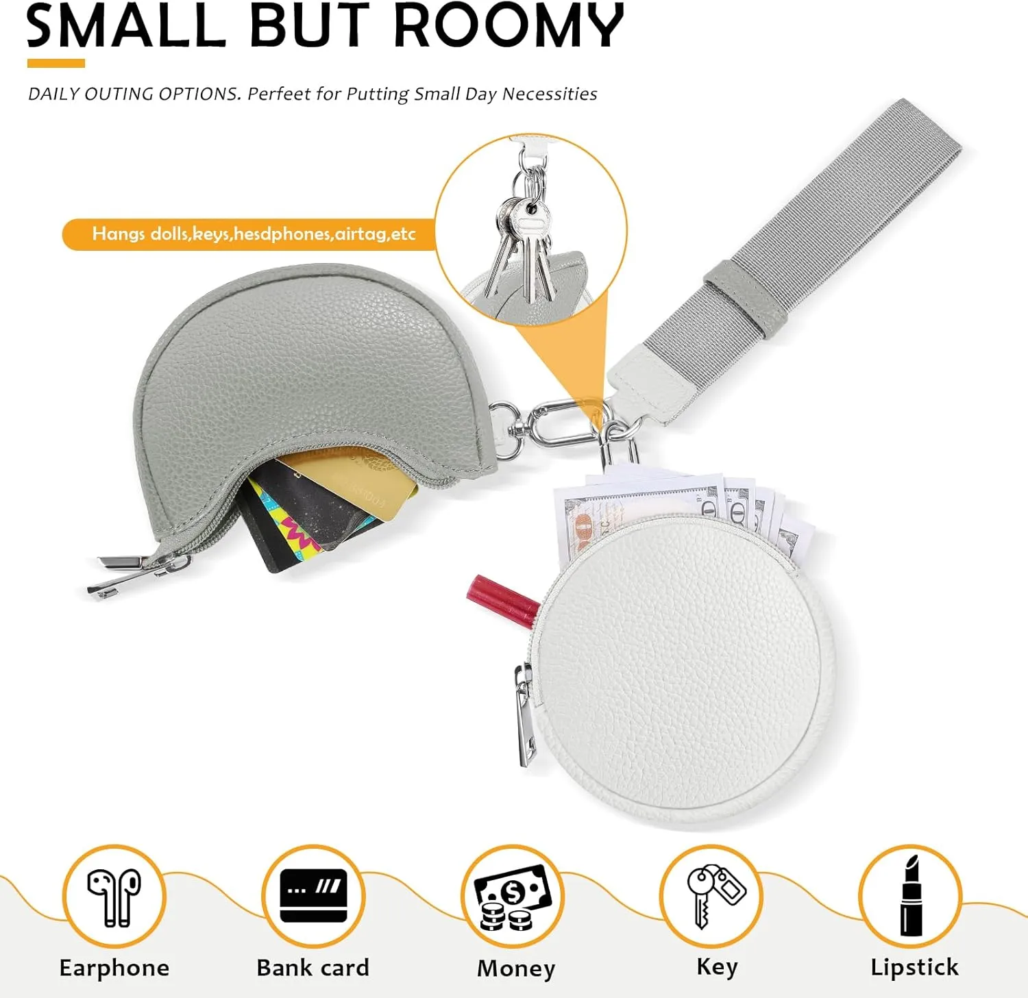 Dual Pouch Wristlet Keychain Wallet Double keychain wallets Mini Pouch Coin Purse Women Coin Detachable Wrist Zip Bag (Grey&White)