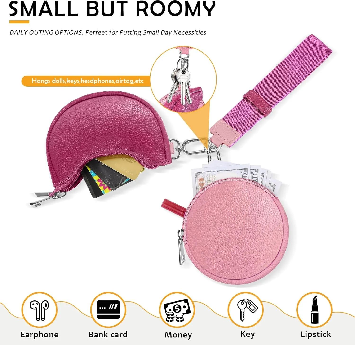 Dual Pouch Wristlet Keychain Wallet Double keychain wallets Mini Pouch Coin Purse Women Coin Detachable Wrist Zip Bag (Ping&Red)